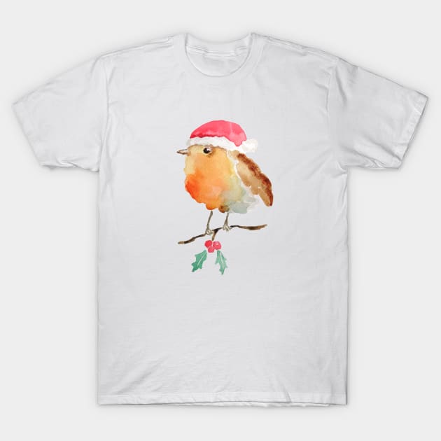 Robin Christmas bird watercolor T-Shirt by colorandcolor